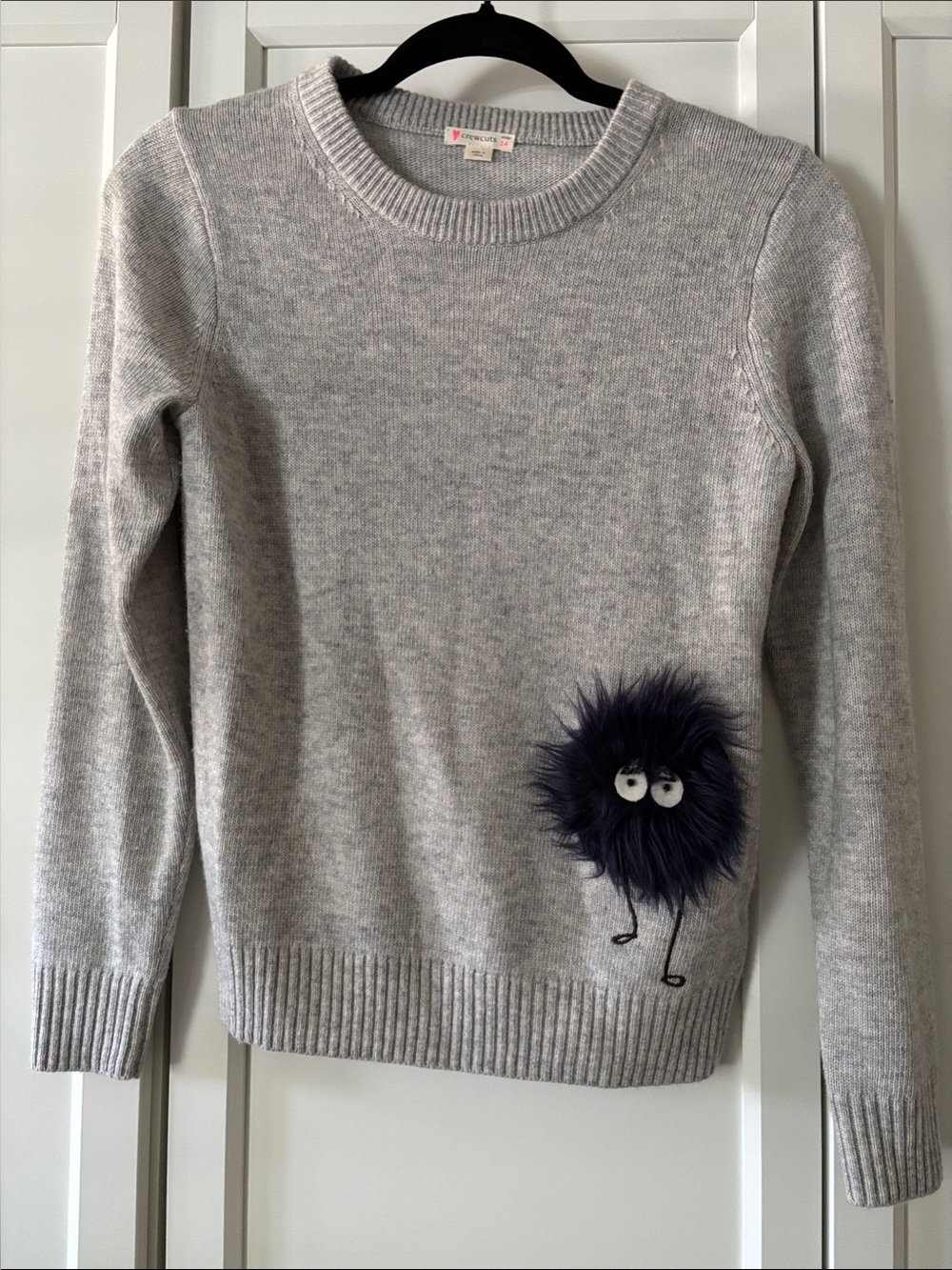 Crewcuts Light Gray Sweater with Navy Furry Pom Character